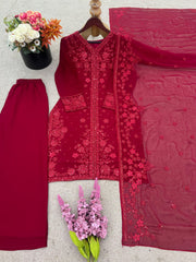 Georgette Sequence Work Red Color Palazzo Suit