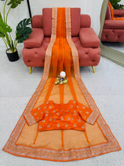 Diamond Work Orange Color Silk Saree
