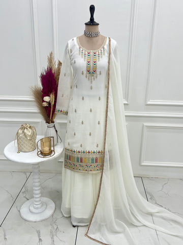 Charming White Silk Fancy Embroidery Sharara Suit