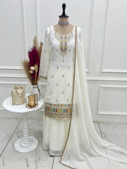 Charming White Silk Fancy Embroidery Sharara Suit