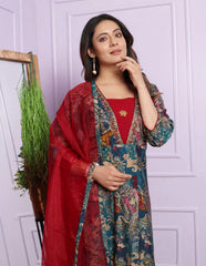 Lovely Rama Multi Print With Red V Neck Round Kurti Set