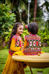 Pretty Mother Daughter Yellow Color Ruffle Gown With Koti