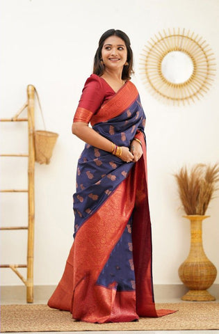 Glorious Blue Color Coper Jari Work Silk Saree