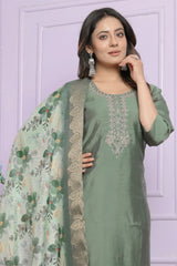 Gorgeous Pista Green Hand Work Kurti Set With Organza Dupatta