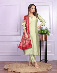 Beautiful Pista Color Soft Silk Straight Kurti Set With Silk Dupatta