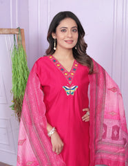 Trendy  V Neck Butterfly Work Pink Color Salwar Suit