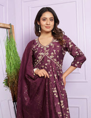 Innovative Wine Color Aalia Cut Kurta Set With Dupatta