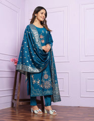 Stylish Rama Russian Silk Salwar Suit With Banarasi Dupatta