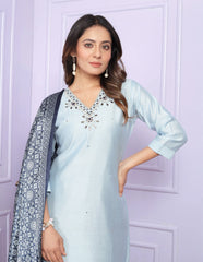 Casual Wear Round Neck Sky Color Kurti Set With Silk Dupatta