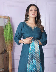 Attractive Teal Blue Salwar Suit With Leheriya Dupatta