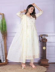 Lovely Embroidery Work Off White Color Nayra Cut Kurti Pair