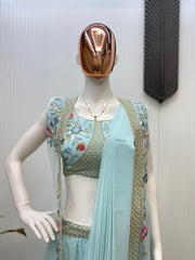 Designer Georgette Sky Blue Color Lehenga Saree With Koti