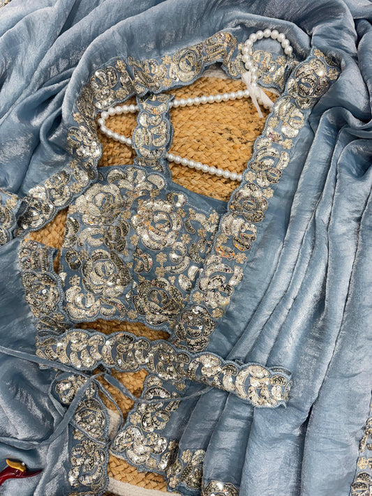 Lovely Grey Silk Cording Work Saree