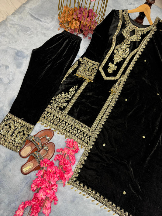 Delightful Black Color Velvet Salwar Suit