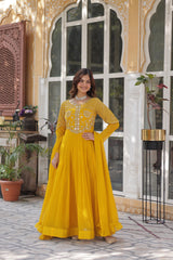 Good Looking Georgette Embroidered Work Yellow Color Gown