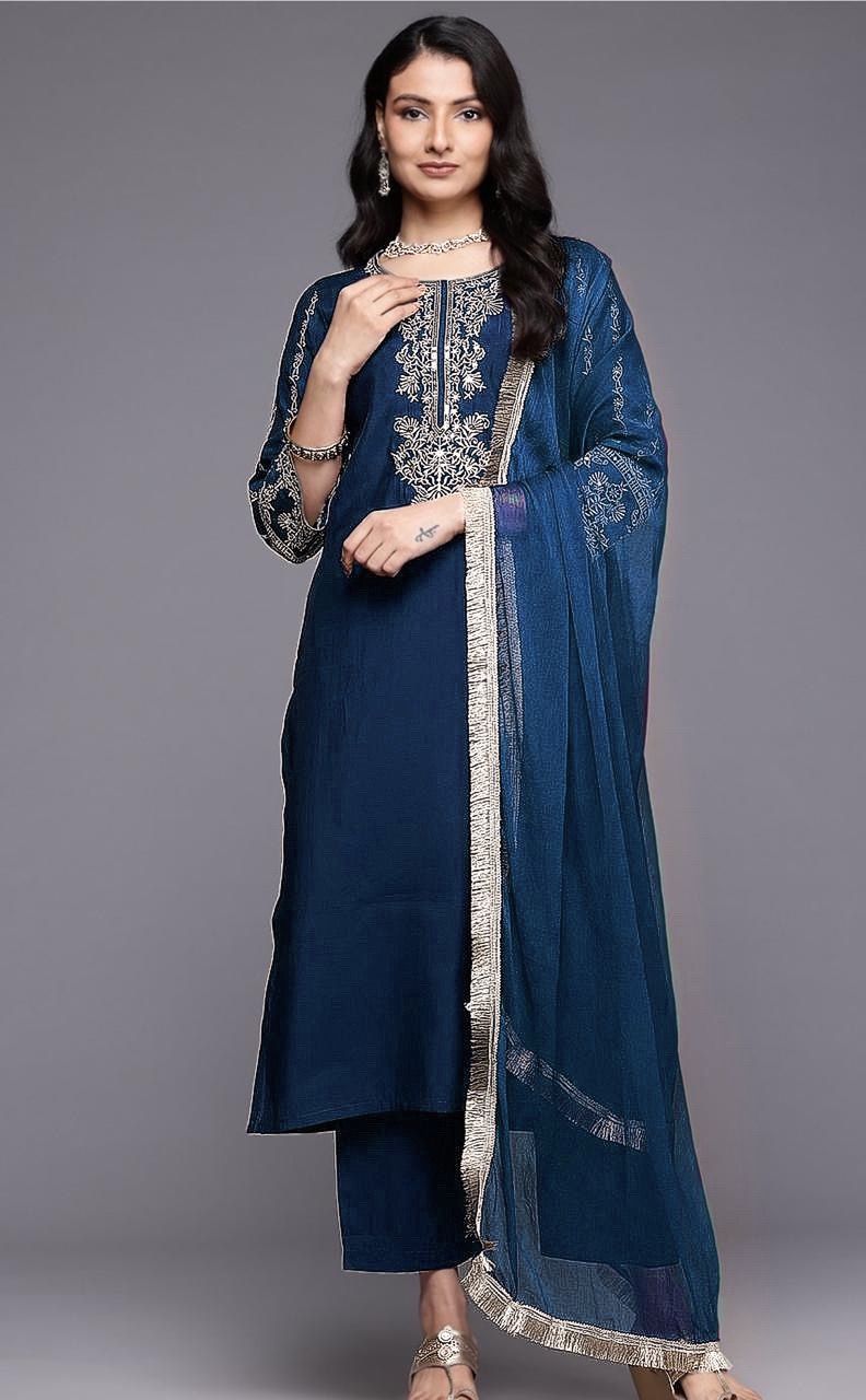 Delightful Reyon Teal Blue Color Salwar Suit
