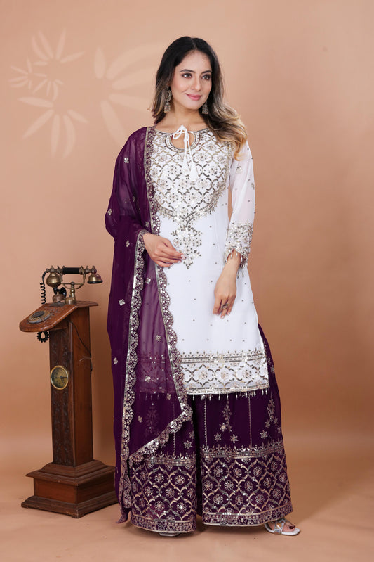 Exclusive Heavy Work White Color Suit Wine Sharara