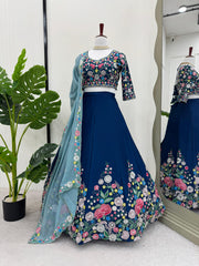 Designer Chinon Silk Sequence Work Blue Color Lehenga Choli