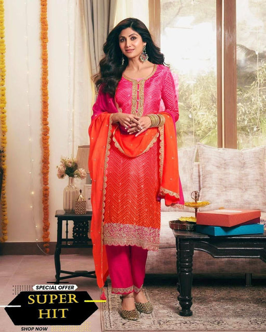 Precious Embroidery Work Pink With Orange Color Salwar Suit