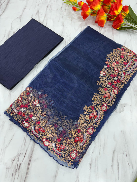Beautiful Lace Border Organza Silk Navy Blue Color Saree