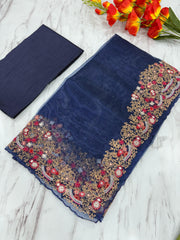 Beautiful Lace Border Organza Silk Navy Blue Color Saree
