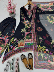 Digital Print Black Color Mirror Work Palazzo Suit