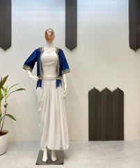 Good Looking White Skirt With Work Blue Koti