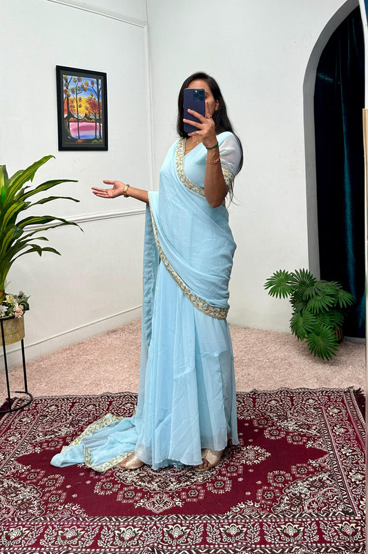 Captivating Embroidery Work Sky Blue Color Saree Gown