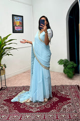 Captivating Embroidery Work Sky Blue Color Saree Gown