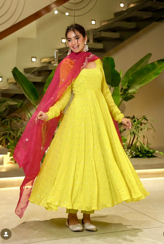 Designer Lemon Color Chinon Silk Work Gown
