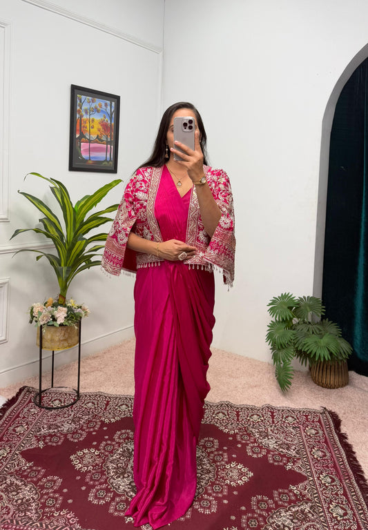 Preferable Pink Color Chinon Silk Ready to Wear Saree