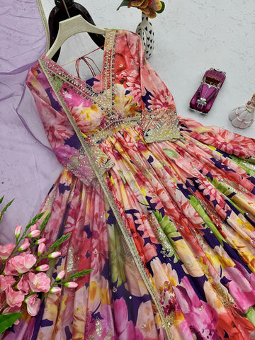 Pretty Multi Color Chinon Silk Embroidery Work Gown