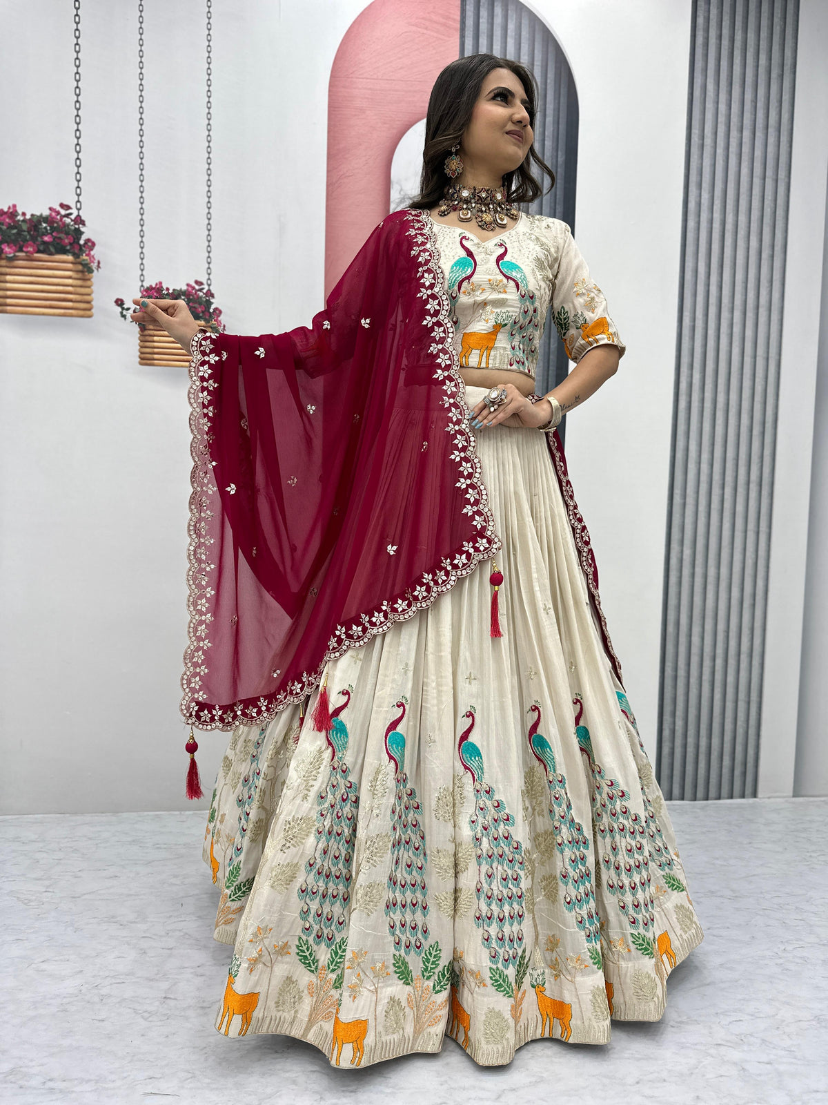 Fantastic White Color With Red Dupatta Lehenga Choli