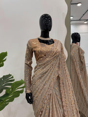 New Party Wear Beige Color Sequence Work Saree