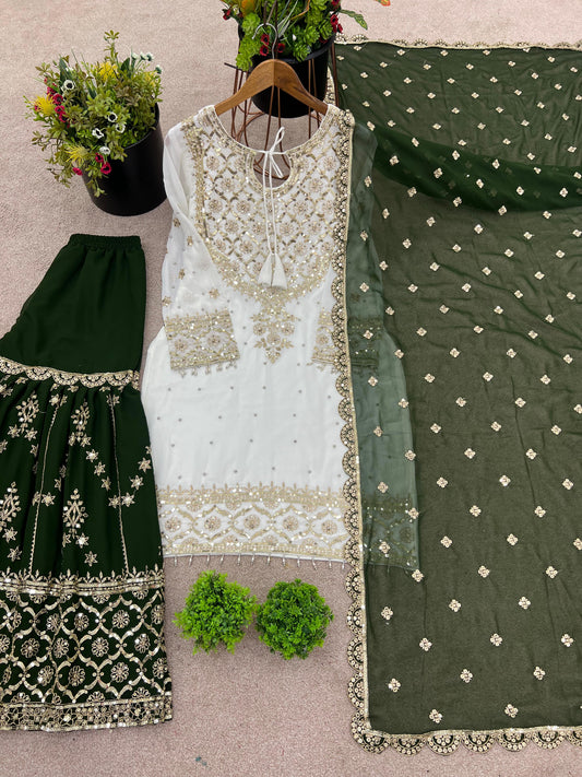 Exclusive Heavy Work White Color Suit Mehndi Sharara