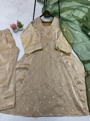 Blissful Embroidery Work Beige Color Salwar Suit With Green Dupatta