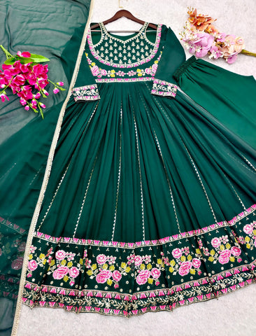 Trendy Green Georgette Embroidery Work Gown