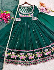 Trendy Green Georgette Embroidery Work Gown