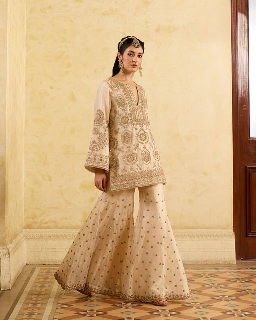 Attractive Chinon Silk Cream Color Sharara Suit