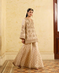 Attractive Chinon Silk Cream Color Sharara Suit