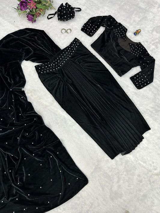 Superhit Black Color Moti Work Lehenga Saree