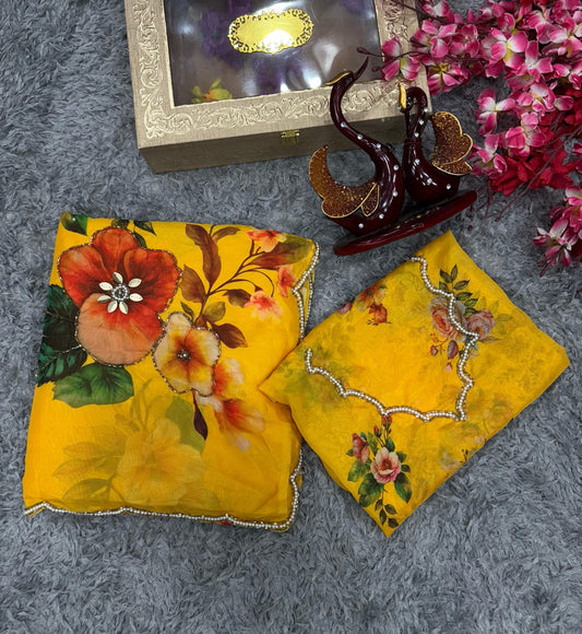 Classy Floral Print Yellow Color Cut Work Saree