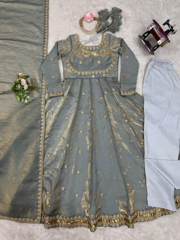 Shining Sequence Work Gray Color Silk Gown