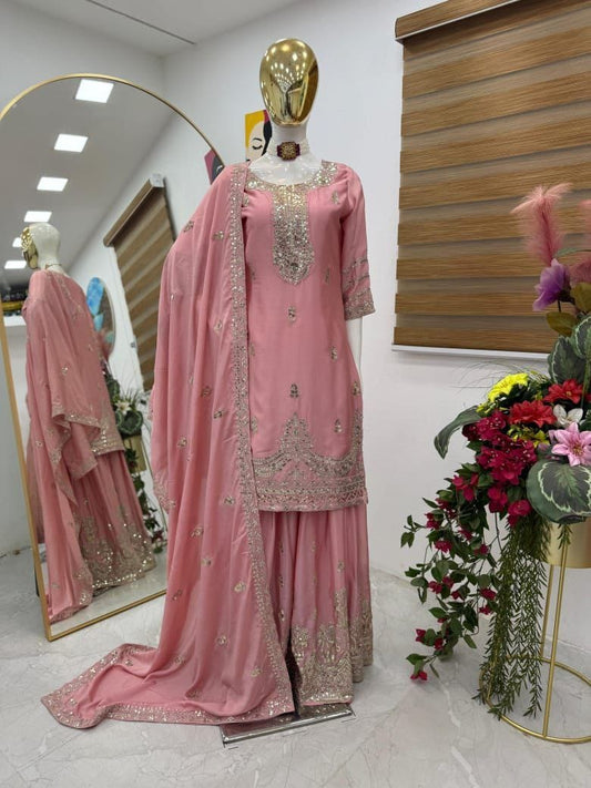 Designer Peach Color Heavy Work Chinon Silk Palazzo Suit
