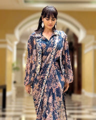 Printed Navy Blue Color Ready To Wear Saree With Koti