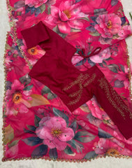 Gorgeous Flower Print With Work Pink Color Saree