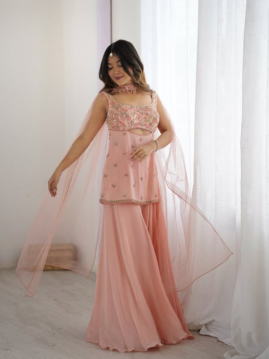 Good Looking Embroidery Work Peach Color Sharara Suit