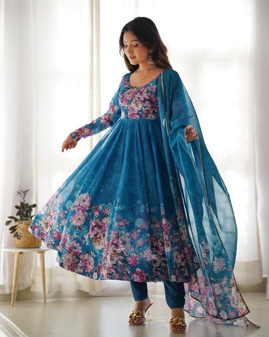 Good Looking Multi Flower Printed Blue Color Anarkali Suit