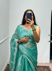 Peaceful Embroidery Zari Work Sky Blue Color Saree