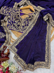 Innovative Purple Color Embroidery Work Silk Saree